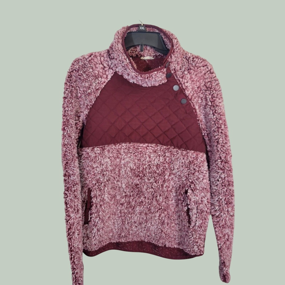 Oddi Pullover Fleece Quilted Snap Neck Fuzzy Sherpa Cozy Gorpcore Burgundy Large